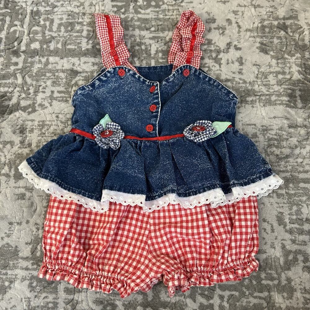 Vintage 90’s Pop Kids Denim And Gingham Bubble Romper Size 24 Months